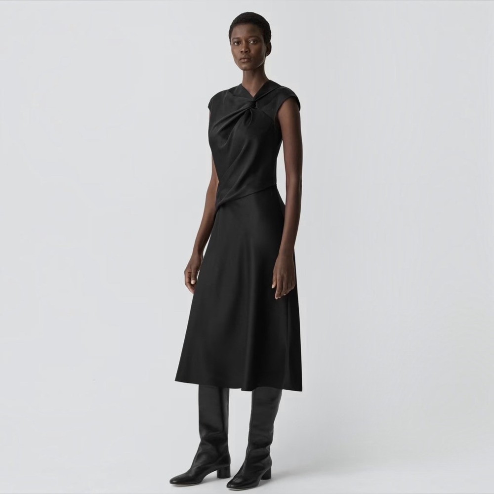 NEW Theory Twist Bodice Satin Midi Dress Black Size 8 NWT $495